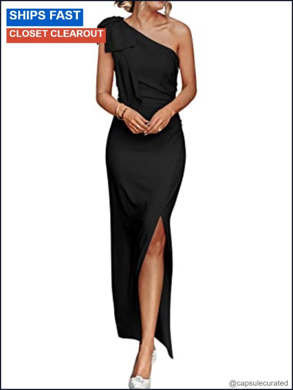 One Shoulder Sleeveless Maxi Bodycon Dress with Bow High Slit Ruched Empire